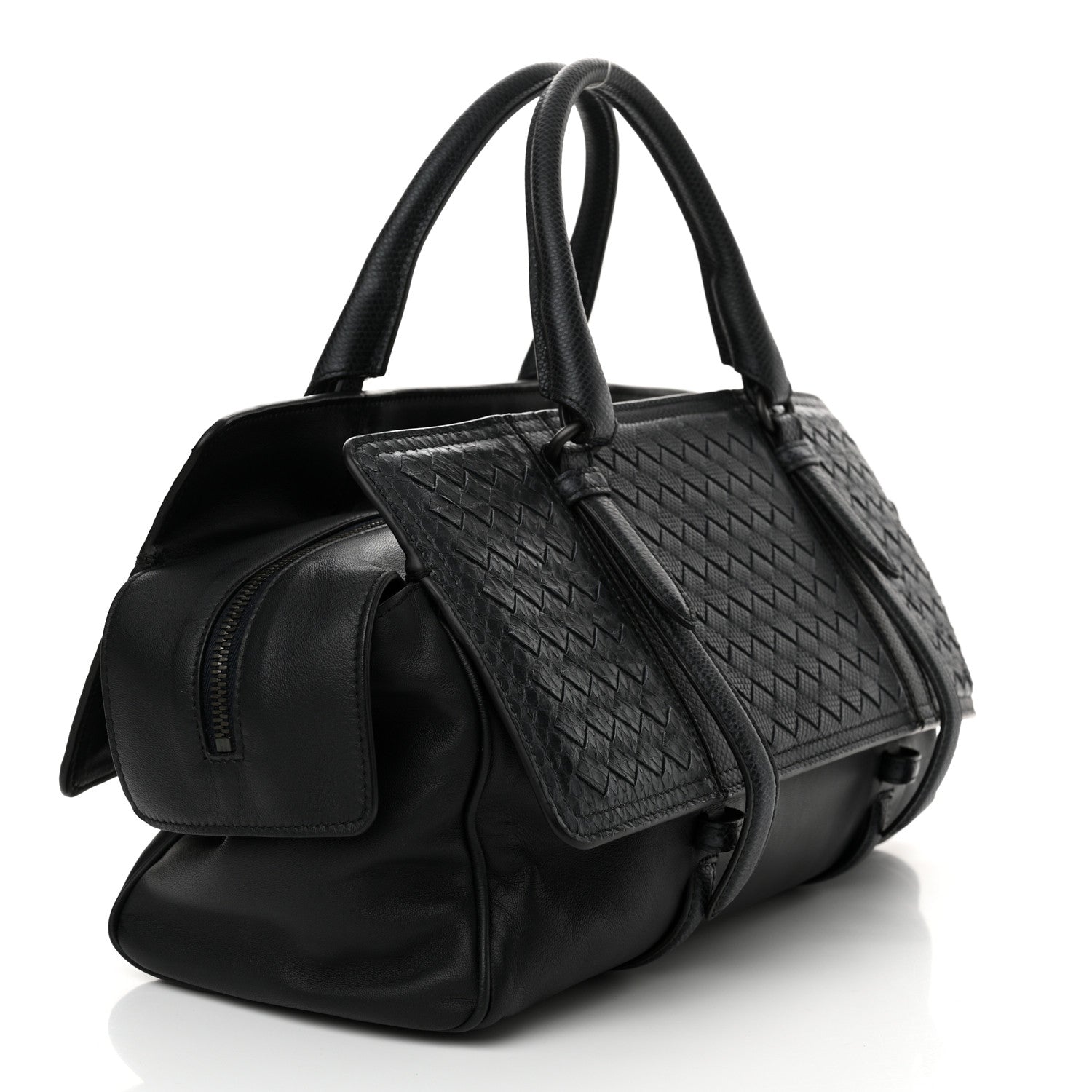 Bottega Veneta Nappa Snakeskin Intrecciato Medium Monaco Satchel Black 3 of 12