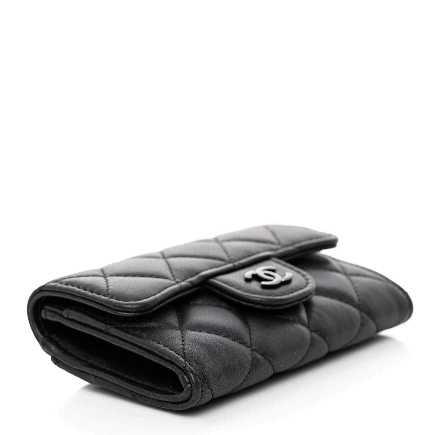Pearly Lambskin Quilted Flap Card Holder Wallet So Black