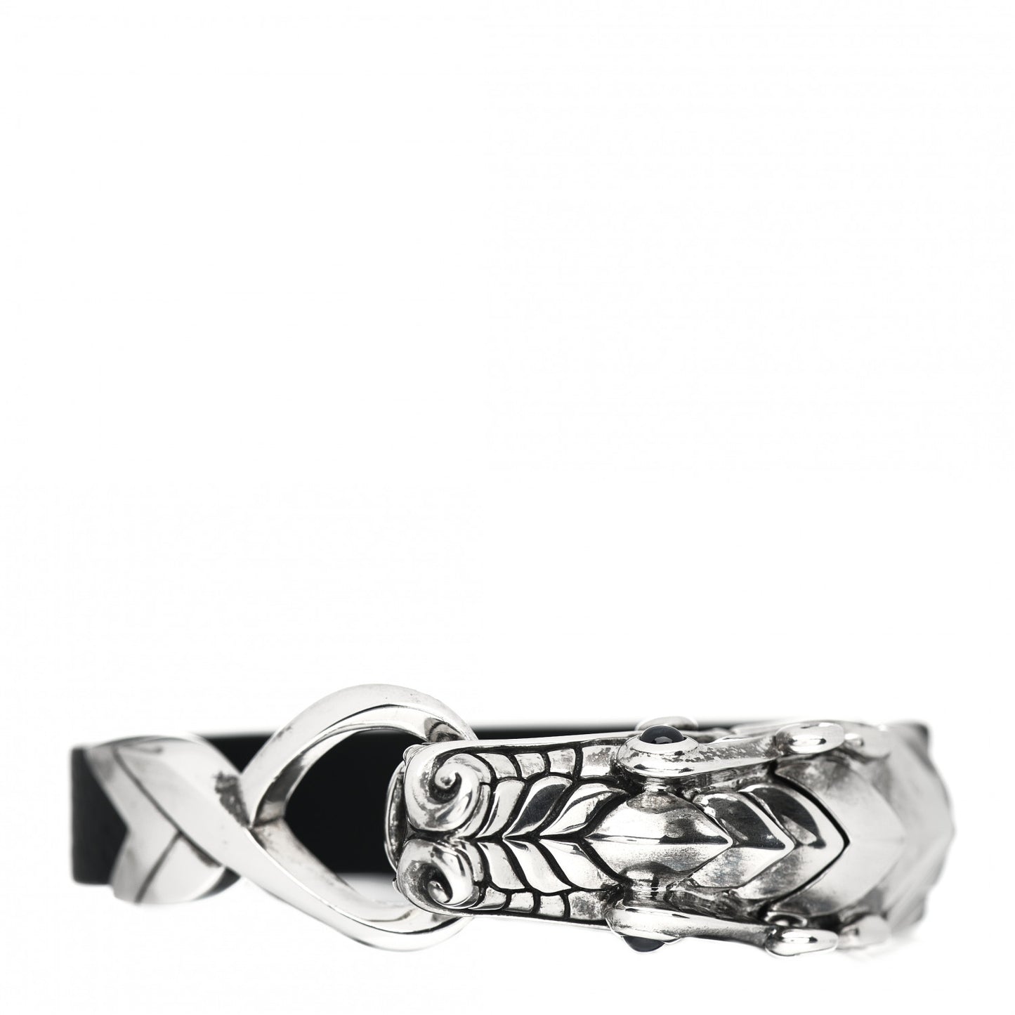 Sterling Silver Leather Blue Sapphire Naga Dragon Bracelet Black