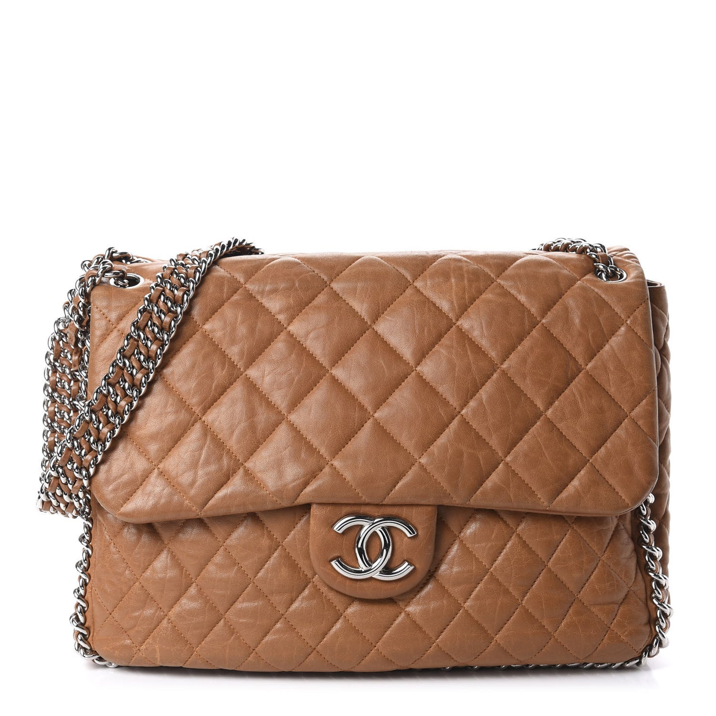 Washed Lambskin Chain Around Maxi Flap Bag Dark Beige