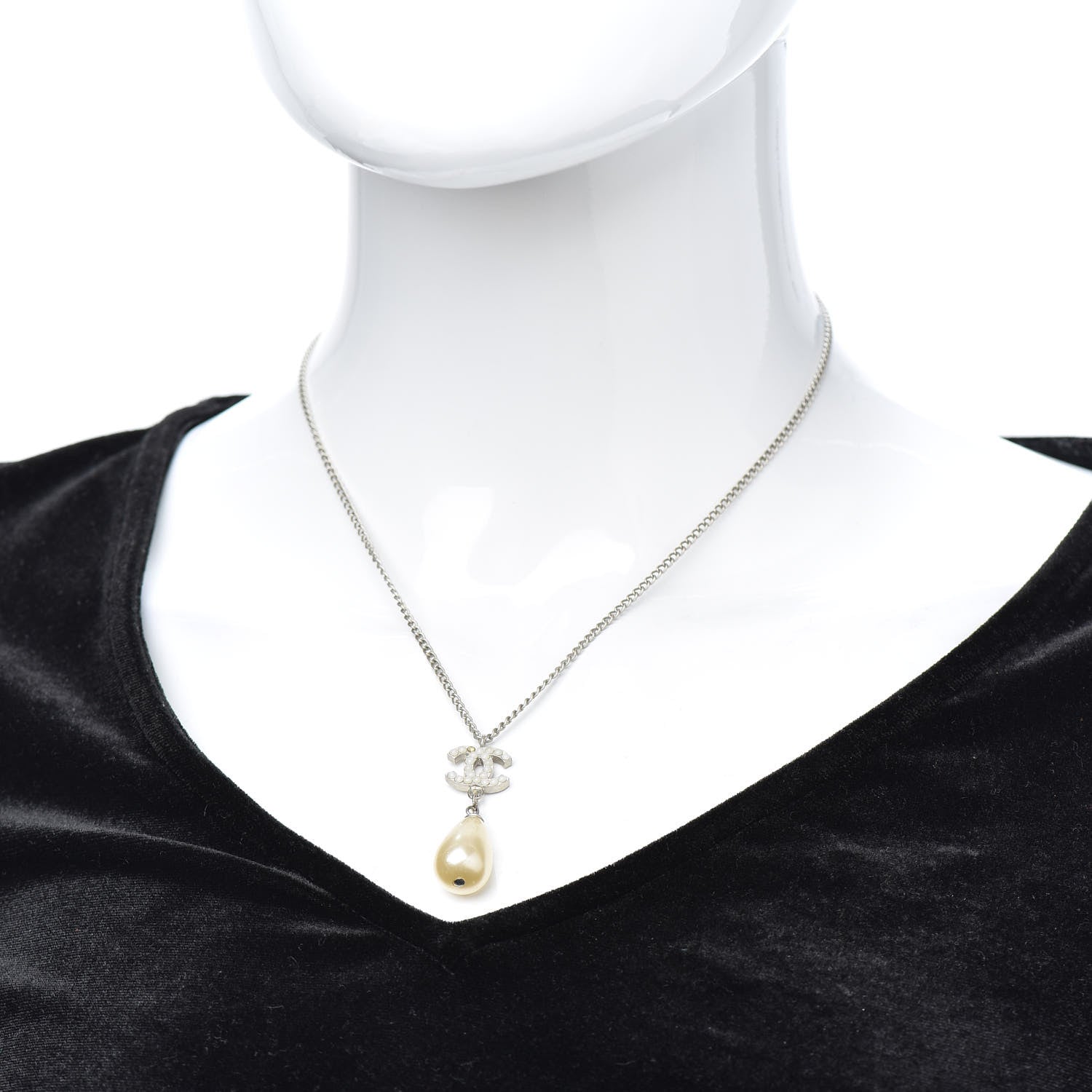 Chanel Pearl Bead CC Drop Necklace Silver 2 of 5