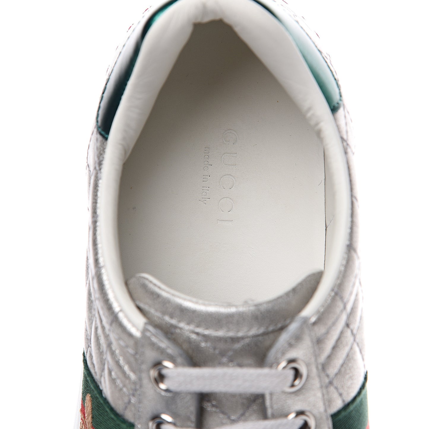 Laminated Nappa Crystal Web Bee Embroidered Trapuntata Womens Ace Platform Sneakers 37 Argento