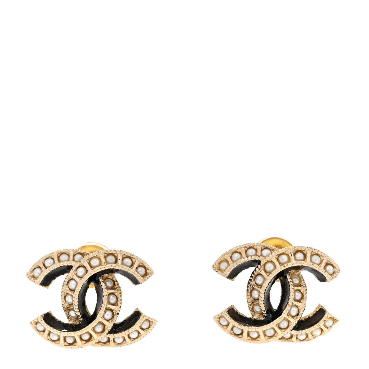 Chanel Metal Pearl Enamel CC Earrings Gold Black 1 of 4
