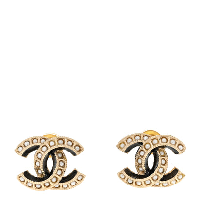Chanel Metal Pearl Enamel CC Earrings Gold Black 1 of 4