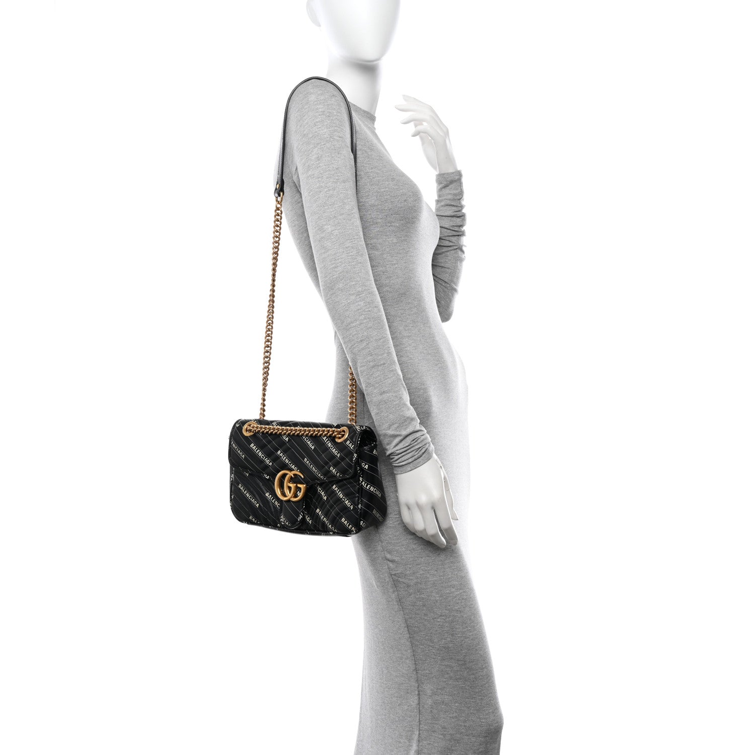 Gucci X BALENCIAGA Calfskin Matelasse Logo Print Small GG Marmont Shoulder Bag Black 2 of 14
