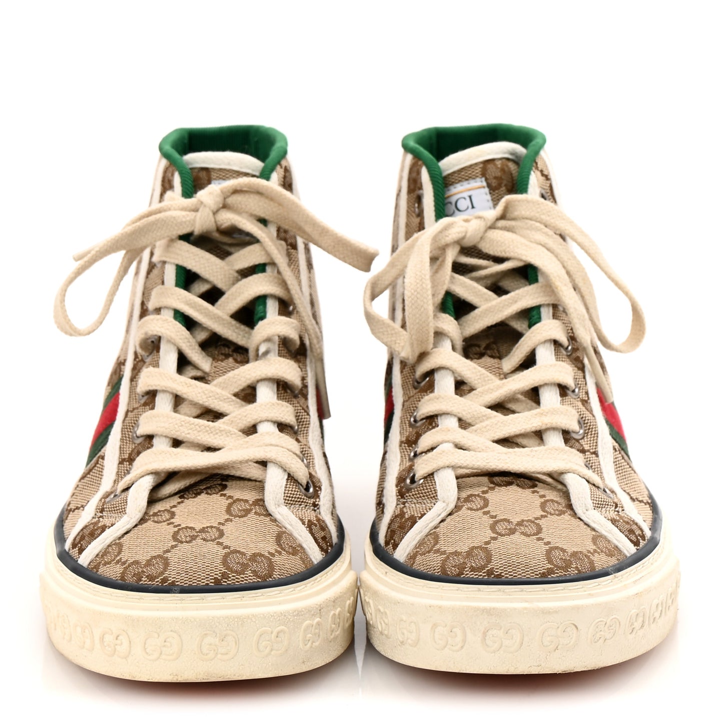 GG Monogram Web Womens 1977 Tennis High Top Sneakers 37.5 Beige Ebony Mystic White