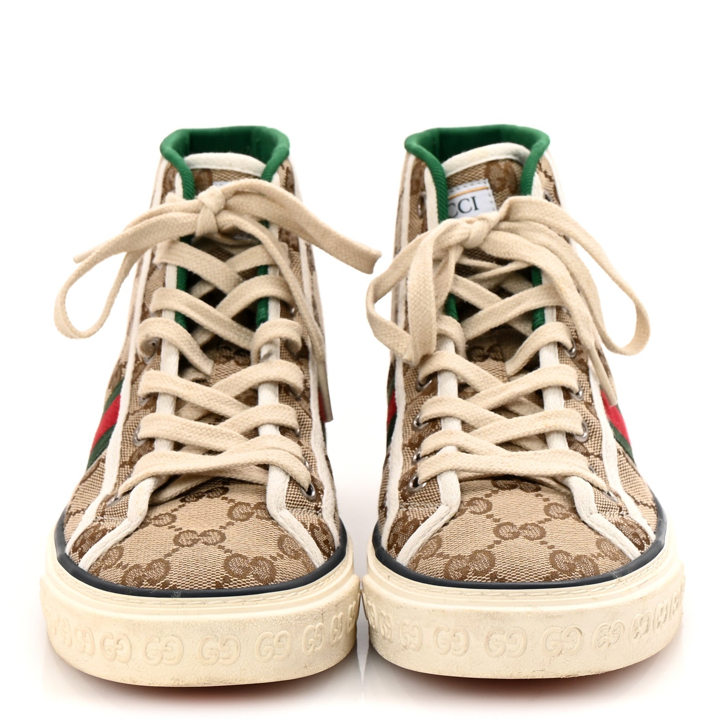 Gucci GG Monogram Web Womens 1977 Tennis High Top Sneakers 37.5 Beige Ebony Mystic White 3 of 10