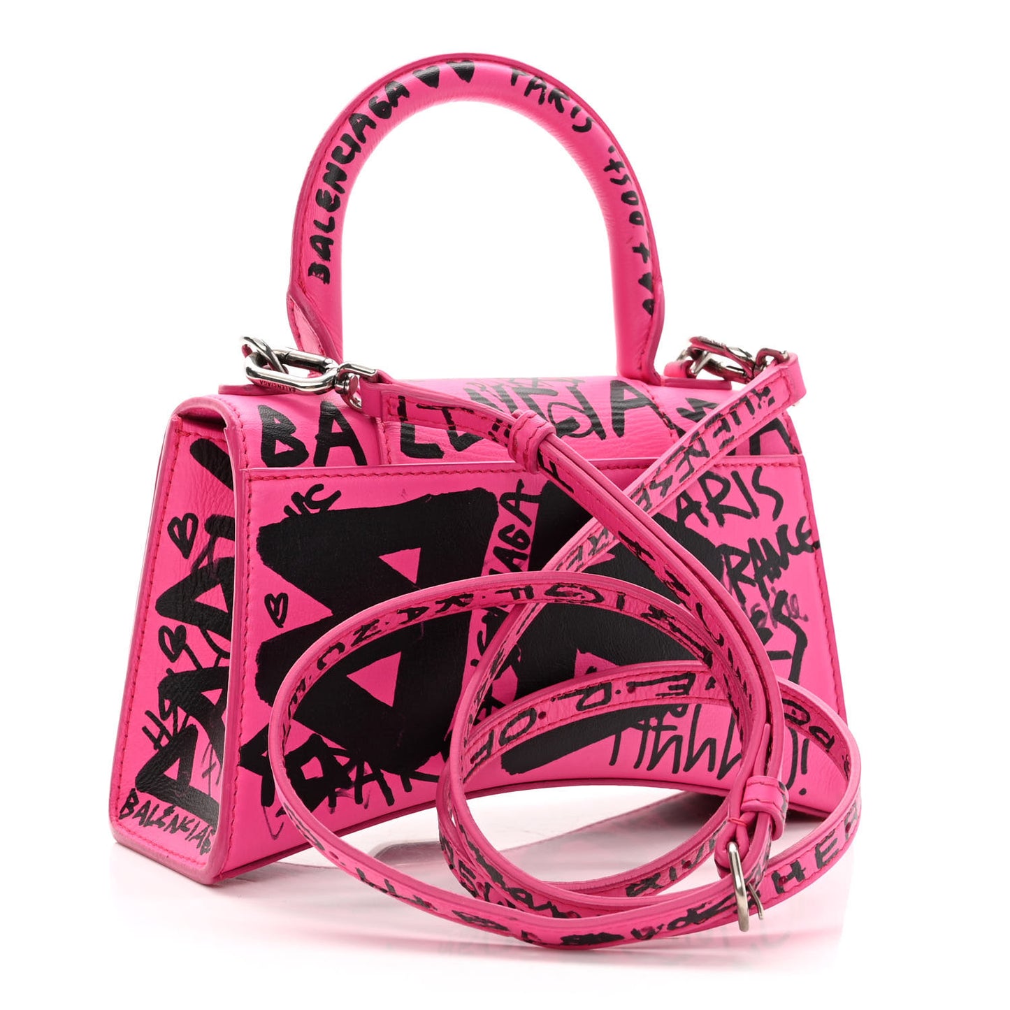 Smooth Calfskin Graffiti Hourglass Top Handle Bag XS Acid Fuchsia Black