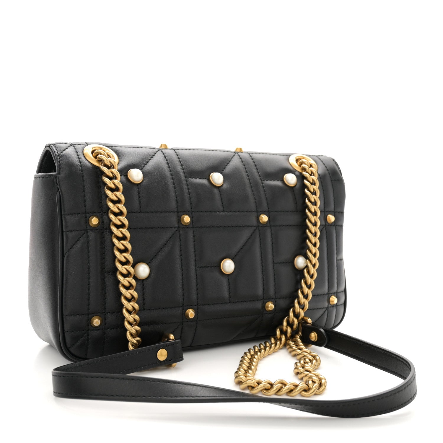 Gucci Calfskin Matelasse Studded Small Pearly GG Marmont Shoulder Bag Black 3 of 11