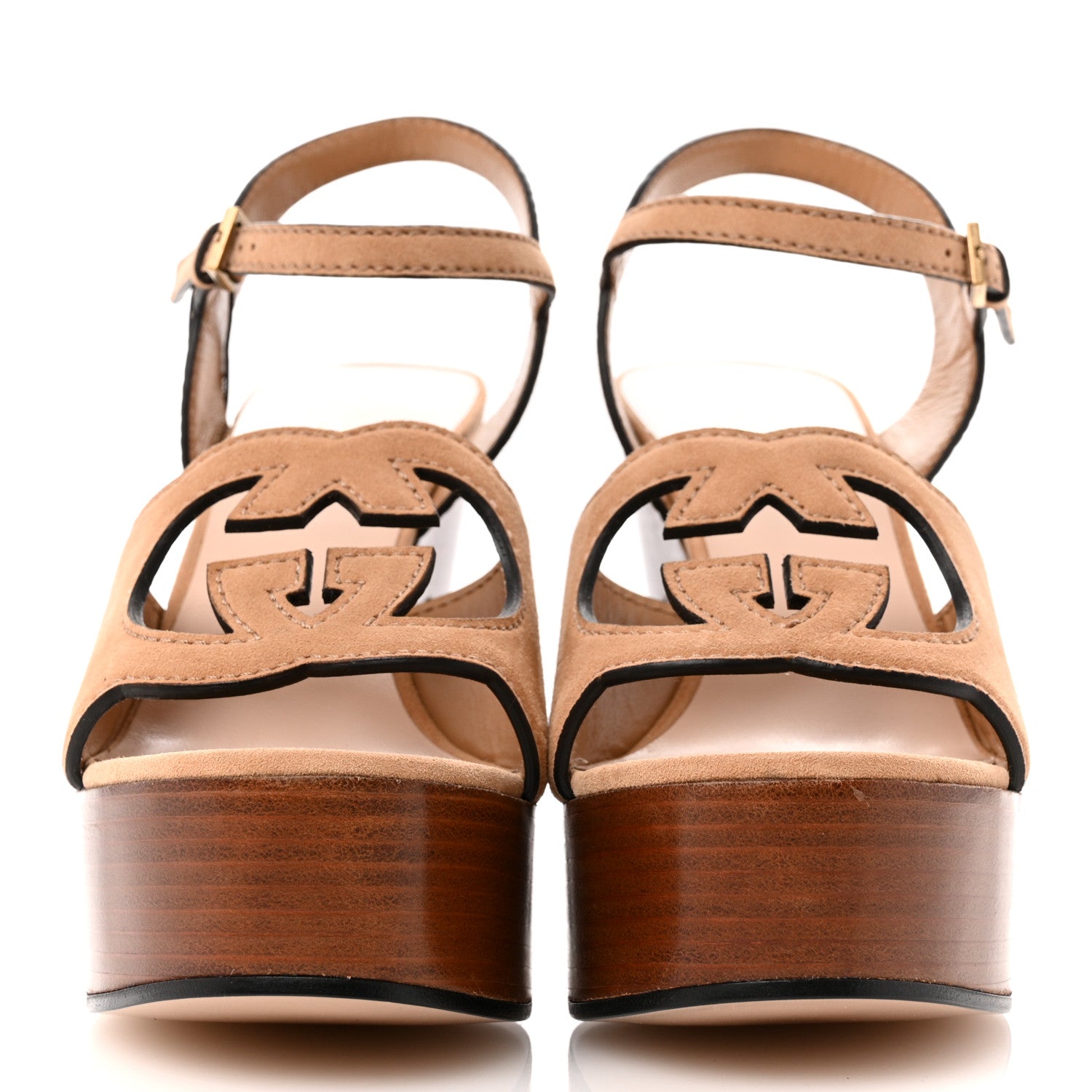 Gucci Kid Scamosciato Wooden Interlocking G Cut-Out 30/120mm Platform Sandals 38 Crystal Sand 3 of 9