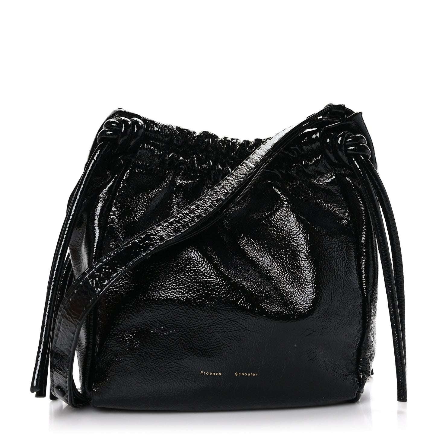 Crinkled Patent Calfskin Drawstring Pouch Black