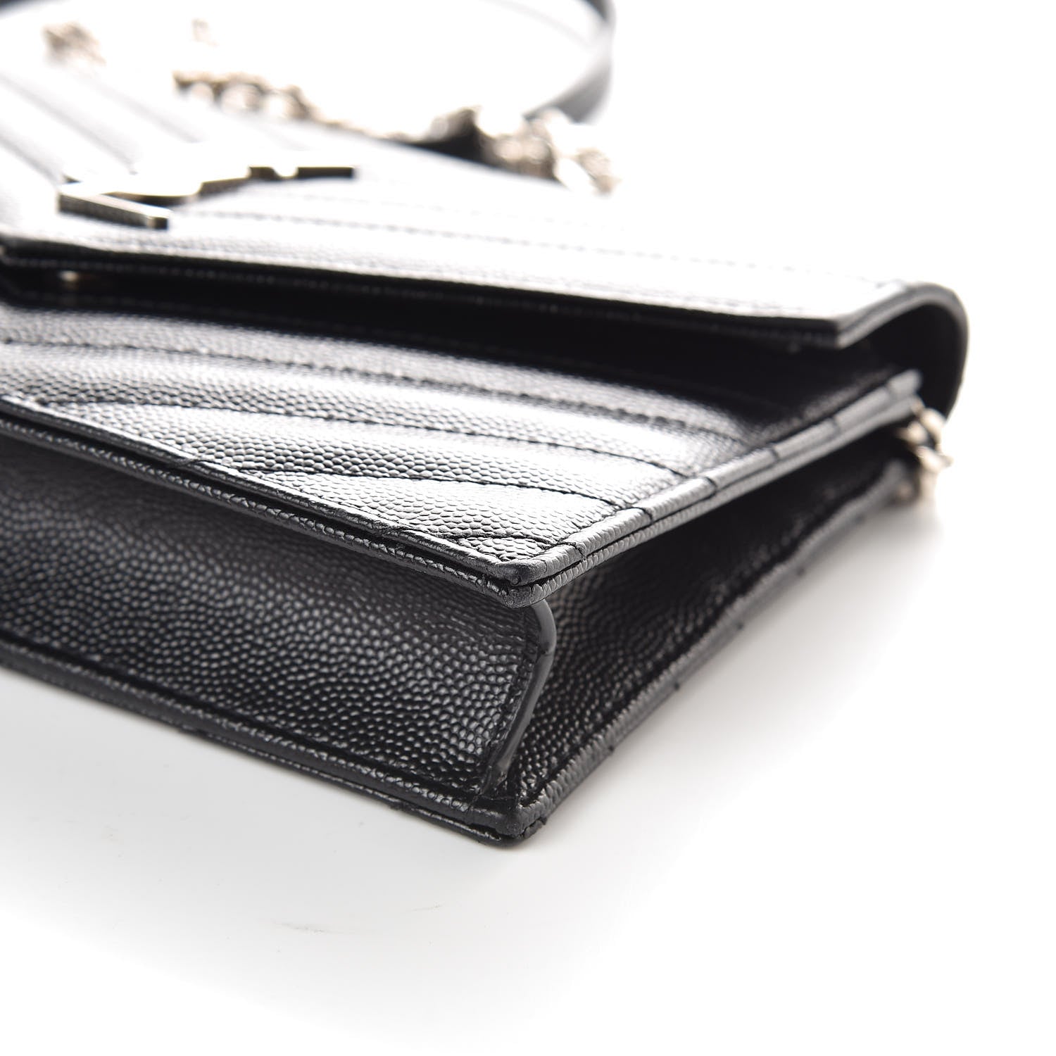 Saint Laurent Grain De Poudre Matelasse Chevron Monogram Envelope Chain Wallet Black 8 of 9