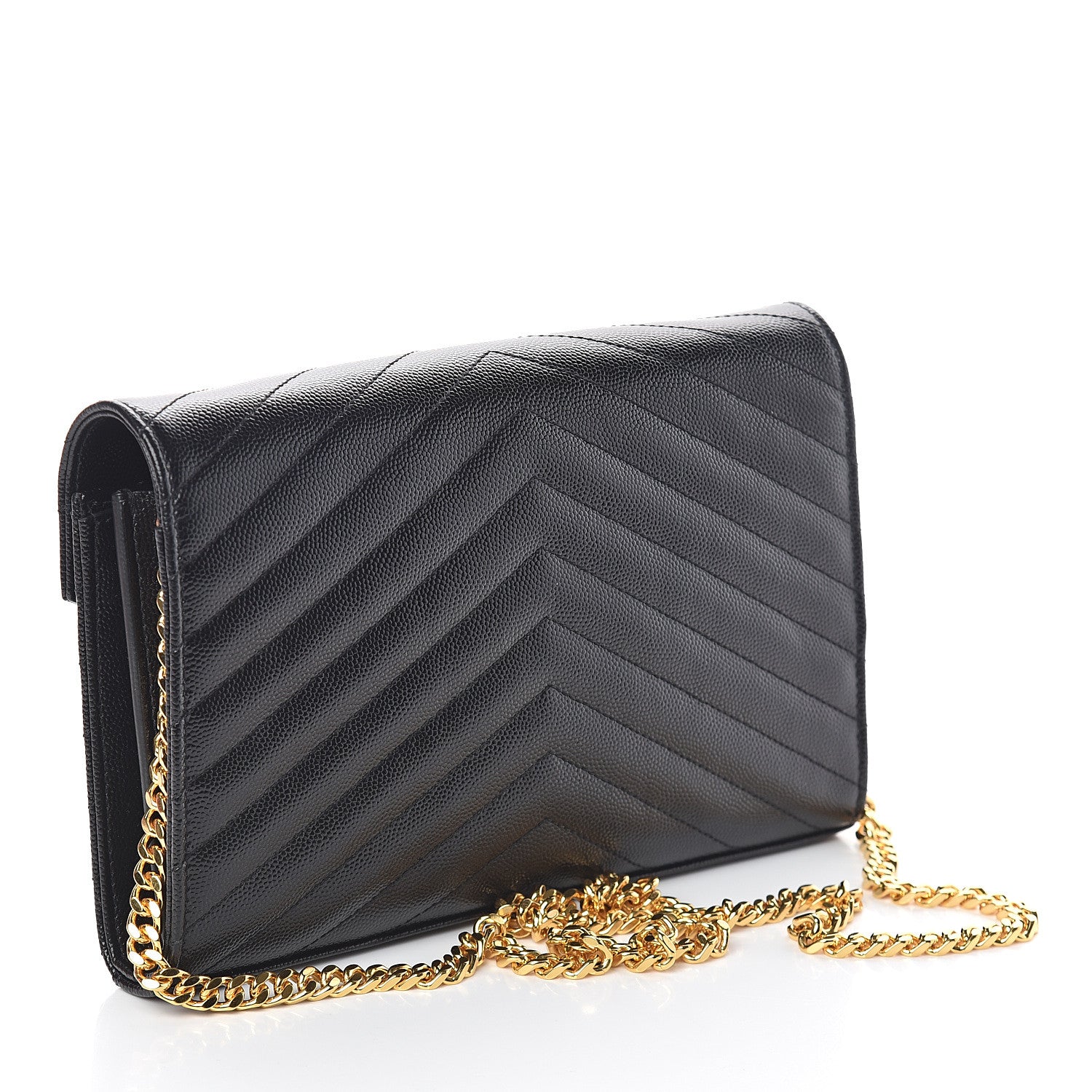 Saint Laurent Grain De Poudre Matelasse Chevron Monogram Chain Wallet Black 2 of 6