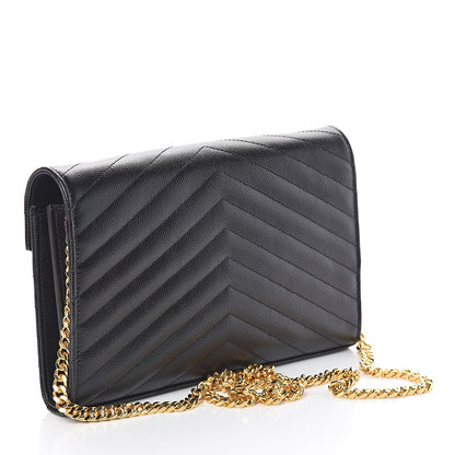 Saint Laurent Grain De Poudre Matelasse Chevron Monogram Chain Wallet Black 2 of 6