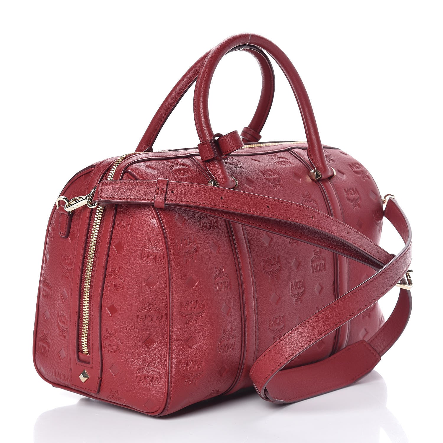 MCM Calfskin Ottomar Monogram Boston Bag Red 4 of 12