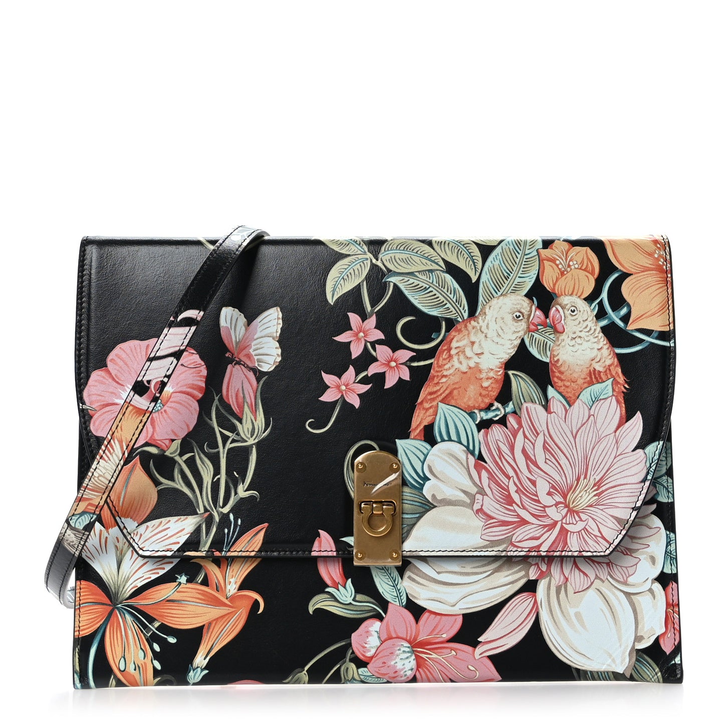 Calfskin Floral Print Clutch Black Multicolor