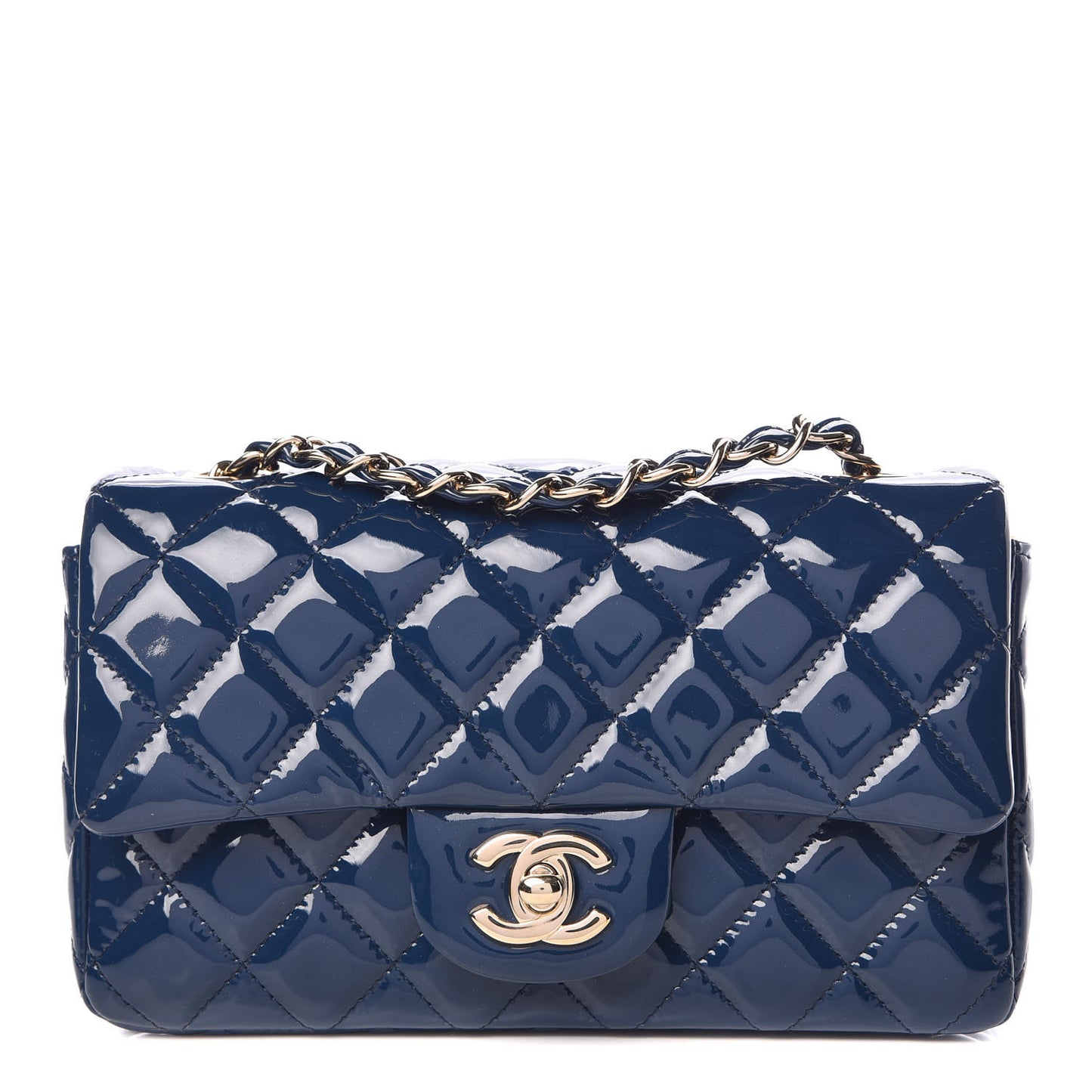 Patent Calfskin Quilted Mini Rectangular Flap Navy Blue