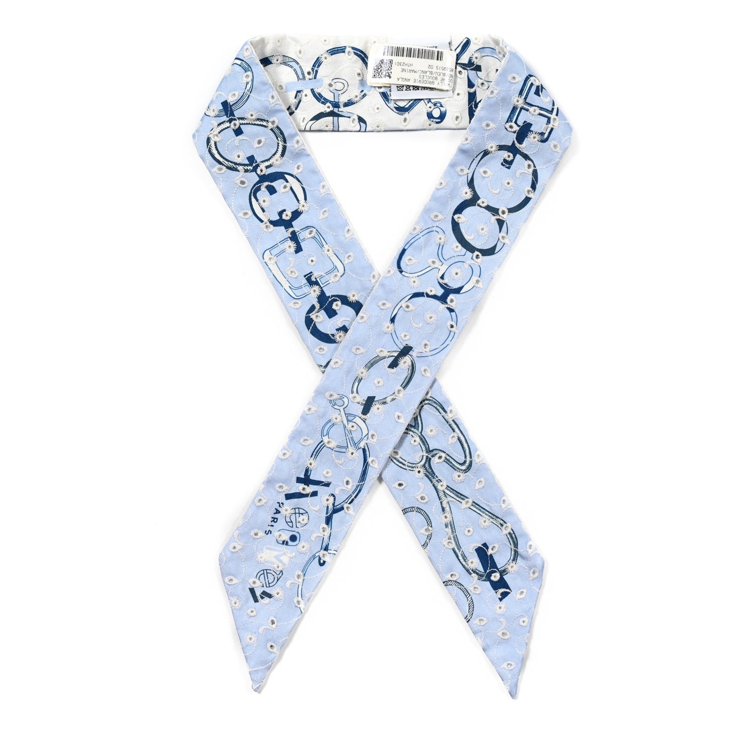 Silk Embroidered Do Re Boucles Broderie Anglaise Twilly Bleu White Marine