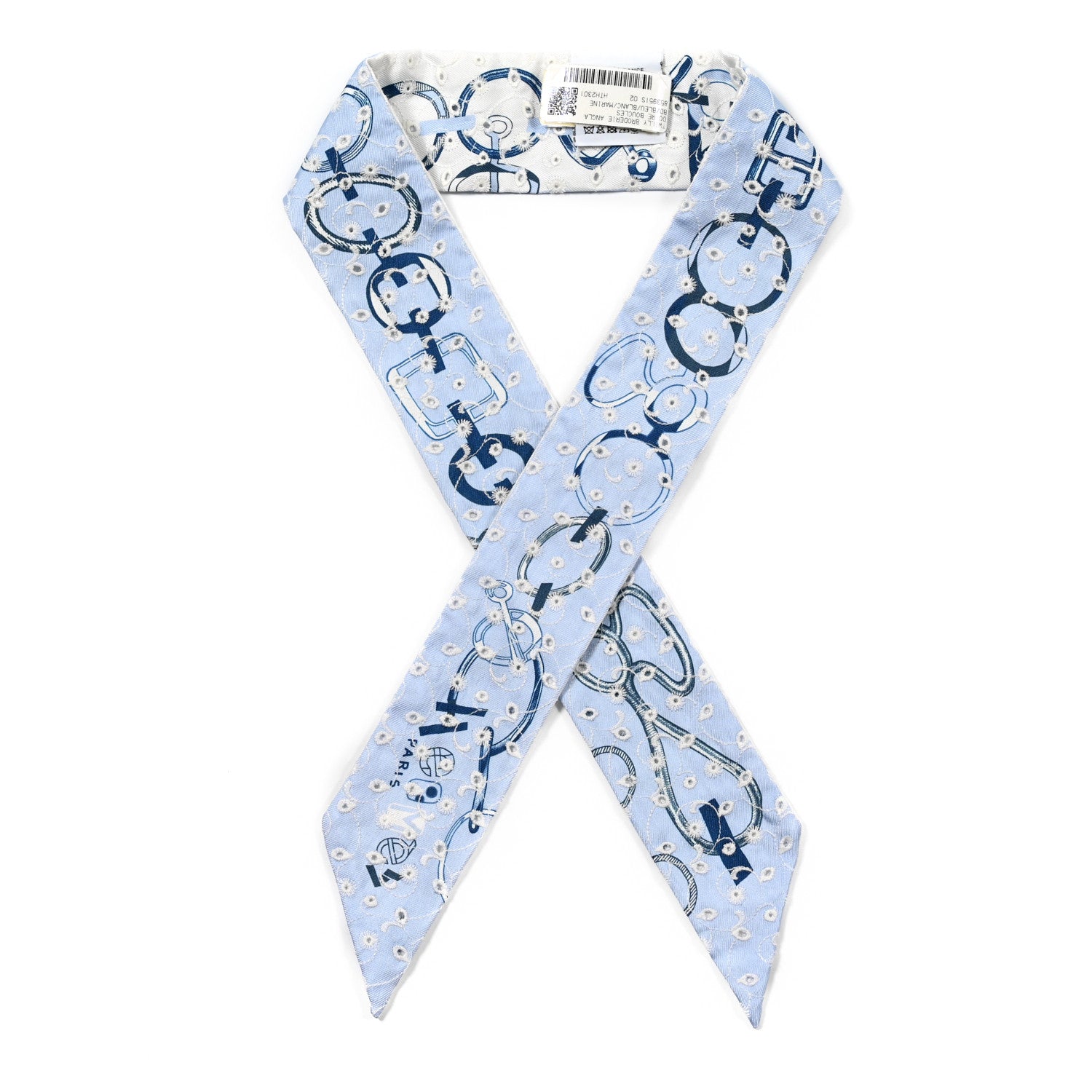 Hermes Silk Embroidered Do Re Boucles Broderie Anglaise Twilly Bleu White Marine 1 of 4