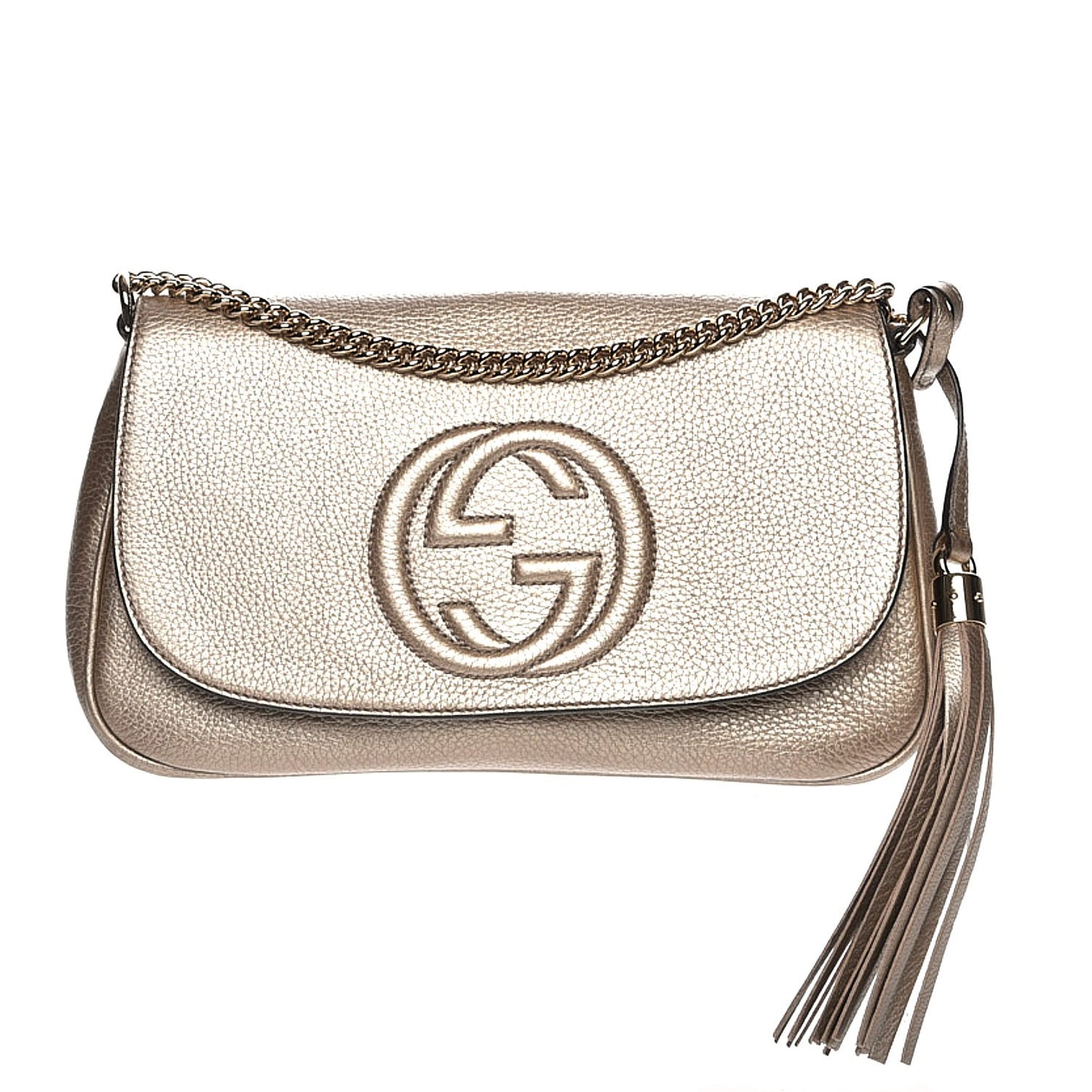Metallic Pebbled Calfskin Medium Soho Flap Crossbody Golden Beige