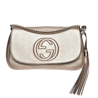 Gucci Metallic Pebbled Calfskin Medium Soho Flap Crossbody Golden Beige 1 of 7