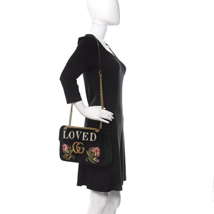 Gucci Velvet Matelasse Loved Embroidered Medium GG Marmont Shoulder Bag Black 2 of 10