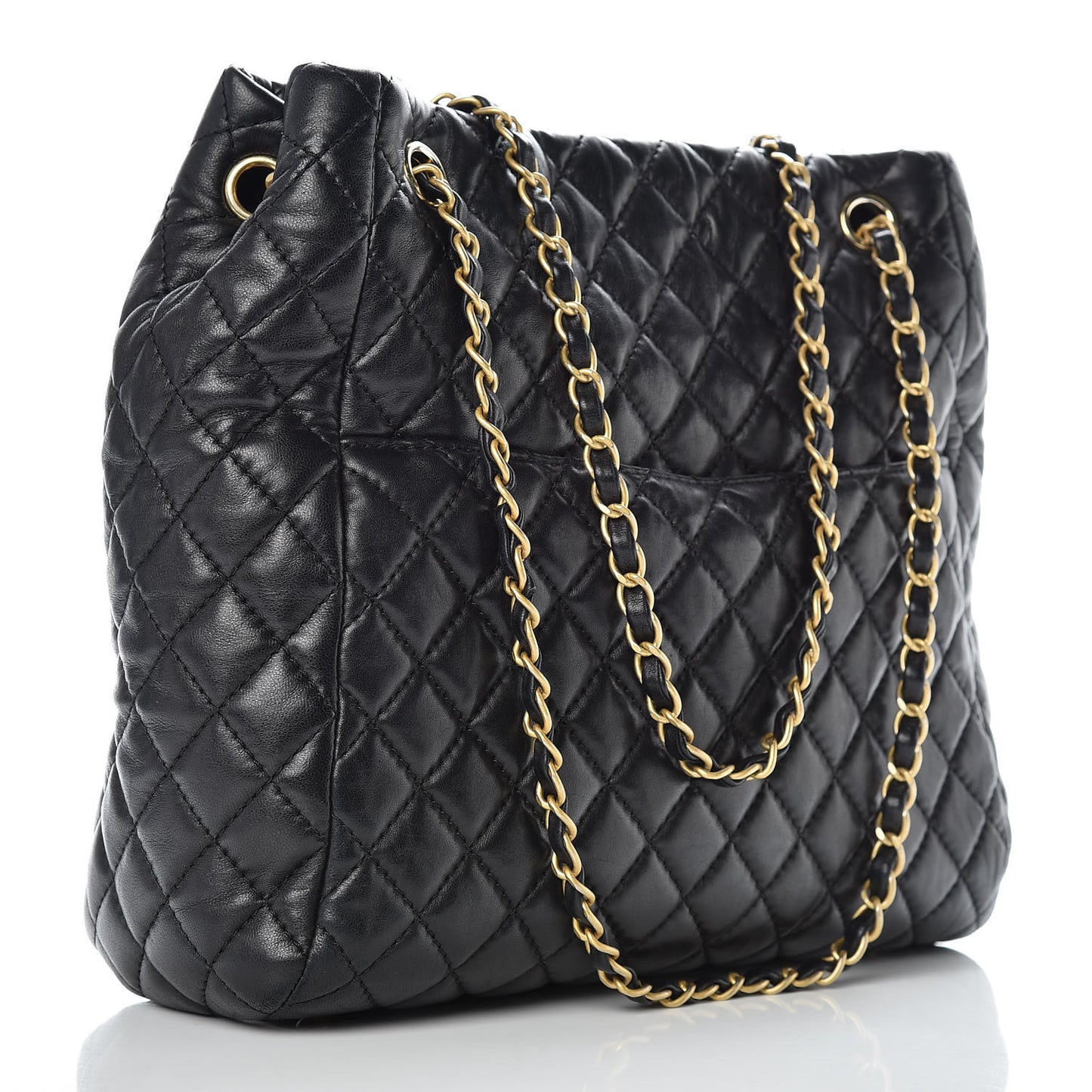 Lambskin Quilted Large Fluffy CC Shopping Tote Black