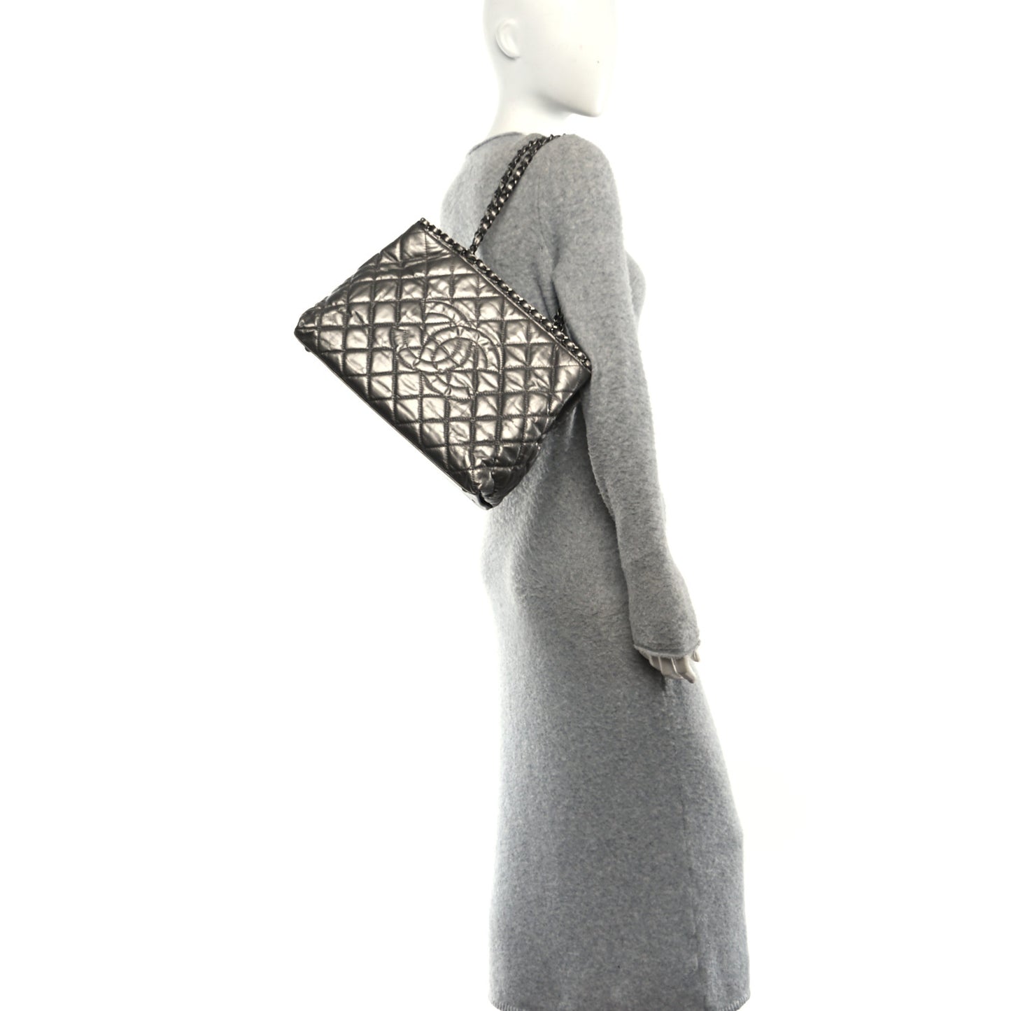 Metallic Calfskin Small Chain Me Tote Silver