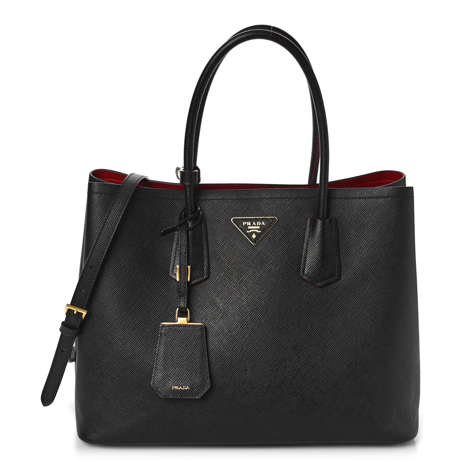 Prada Saffiano Cuir Medium Double Bag Black Fuoco 1 of 9