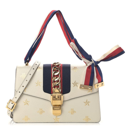 Gucci Textured Calfskin Bee Star Print Small Sylvie Shoulder Bag Mystic White 1 of 4