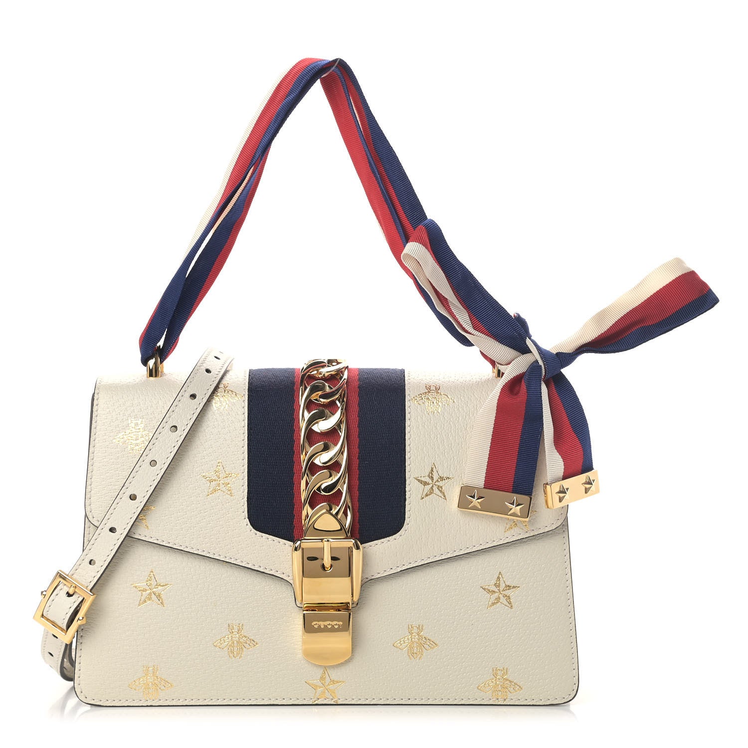Gucci Textured Calfskin Bee Star Print Small Sylvie Shoulder Bag Mystic White 1 of 4