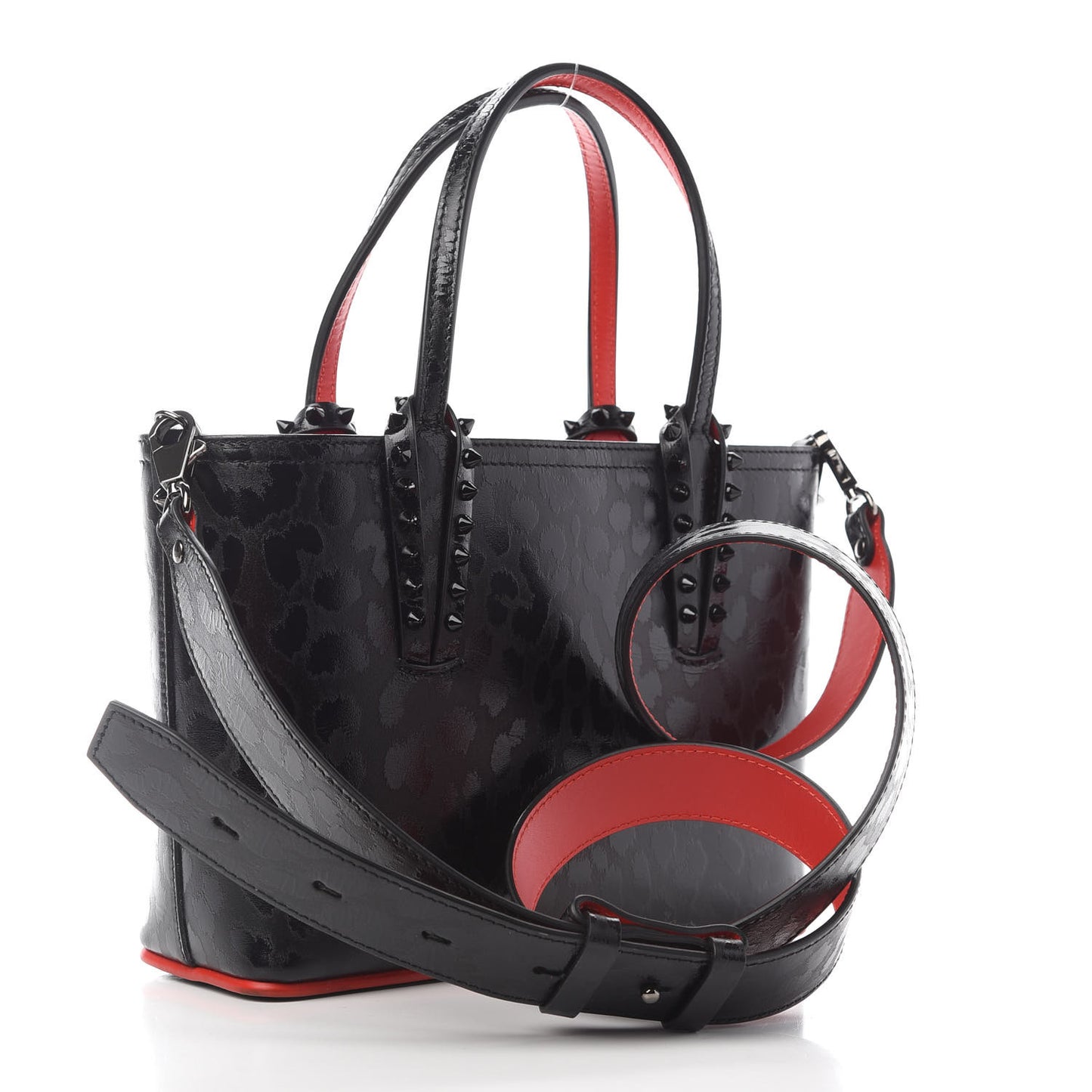 Patent Calfskin Leopard Print Spikes Mini East West Cabata Tote Black