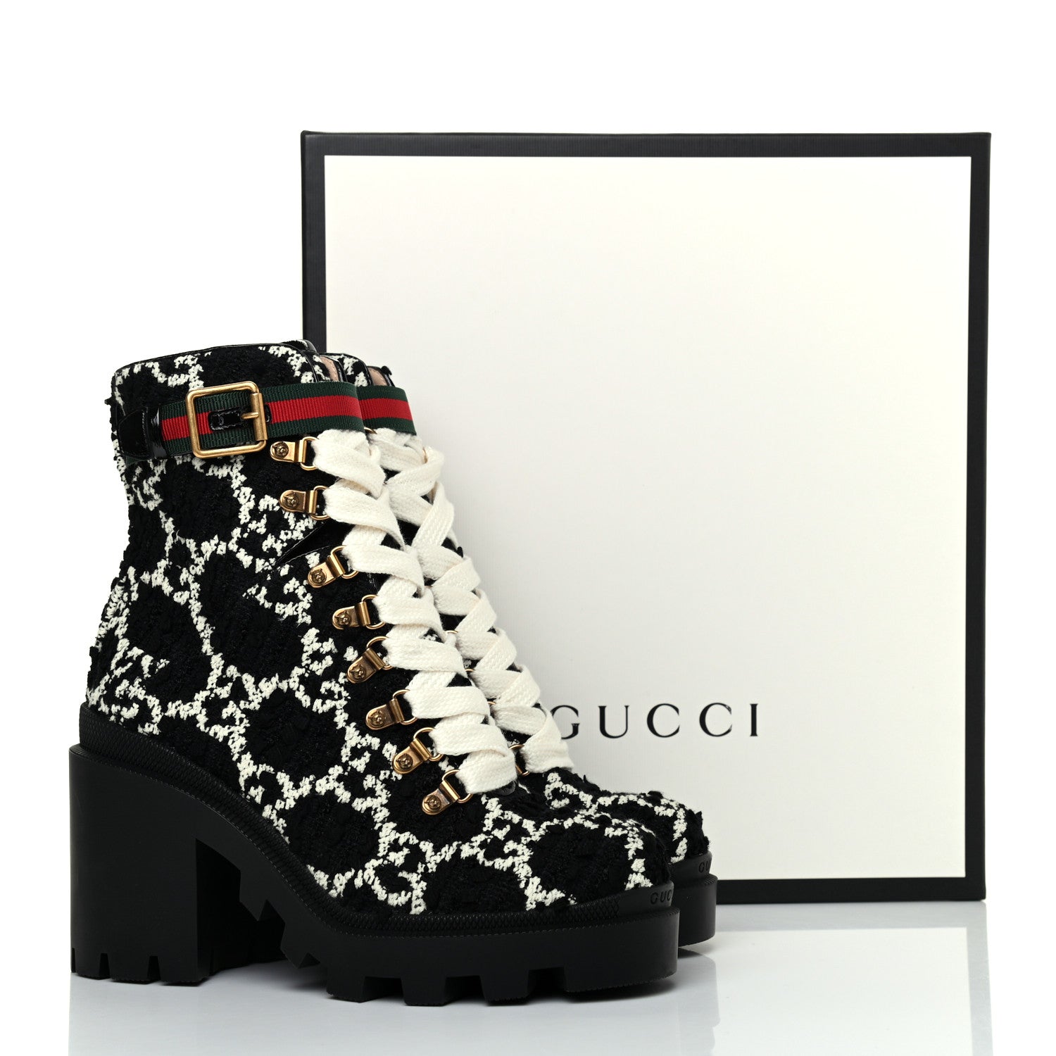 Gucci Tweed GG Monogram Lace Up Combat Ankle Boots 37.5 Black 9 of 9