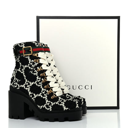 Gucci Tweed GG Monogram Lace Up Combat Ankle Boots 37.5 Black 9 of 9