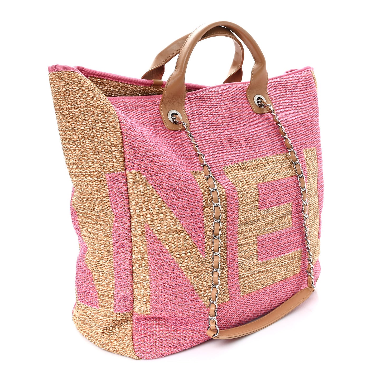 Woven Straw Raffia Logo Tote Pink Beige