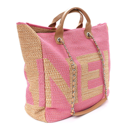 Chanel Woven Straw Raffia Logo Tote Pink Beige 3 of 10