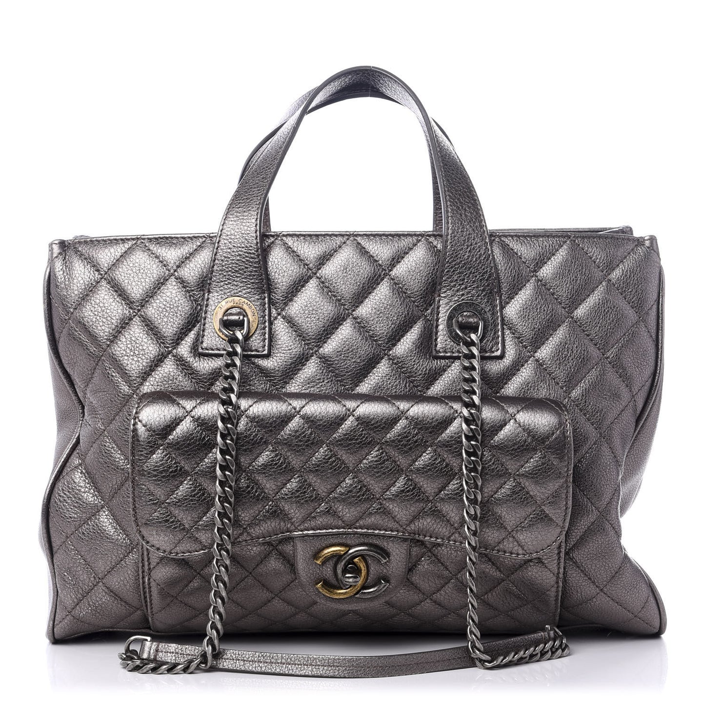 Metallic Grained Calfskin Quilted Large Casual Pocket Tote Silver