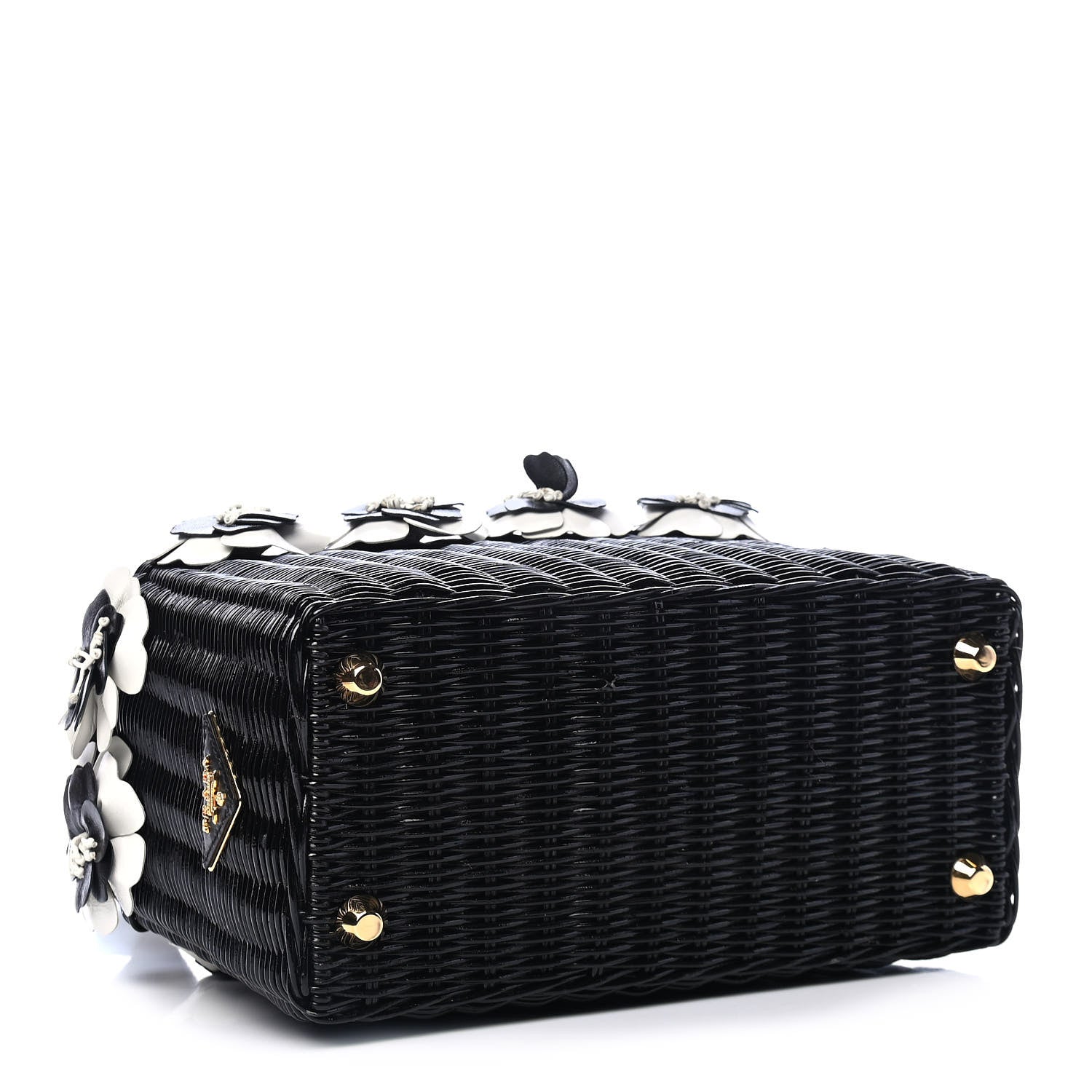 Prada Wicker Canvas Floral Embellished Shoulder Bag Black 3 of 5