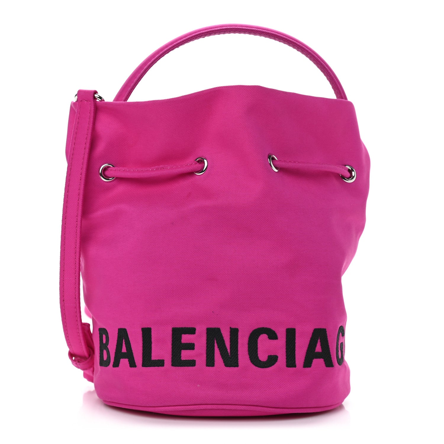 Balenciaga Recycled Sport Nylon Logo Embroidered Wheel Drawstring Bucket Bag XS Fuchsia Black 1 of 9