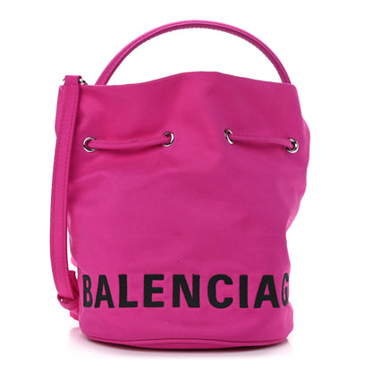 Balenciaga Recycled Sport Nylon Logo Embroidered Wheel Drawstring Bucket Bag XS Fuchsia Black 1 of 9
