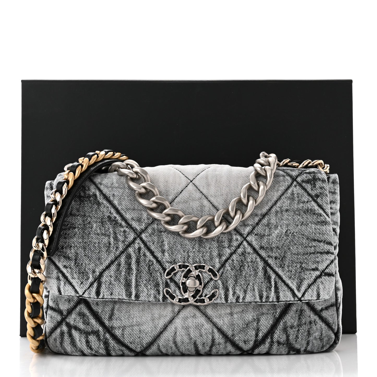 Washed Denim Quilted Medium Chanel 19 Flap Black White