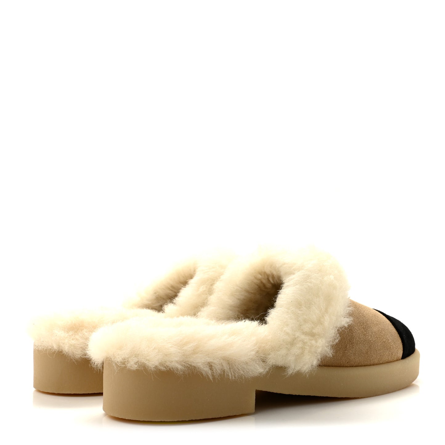 Suede Shearling CC Cap Toe Mules 40 Beige Black