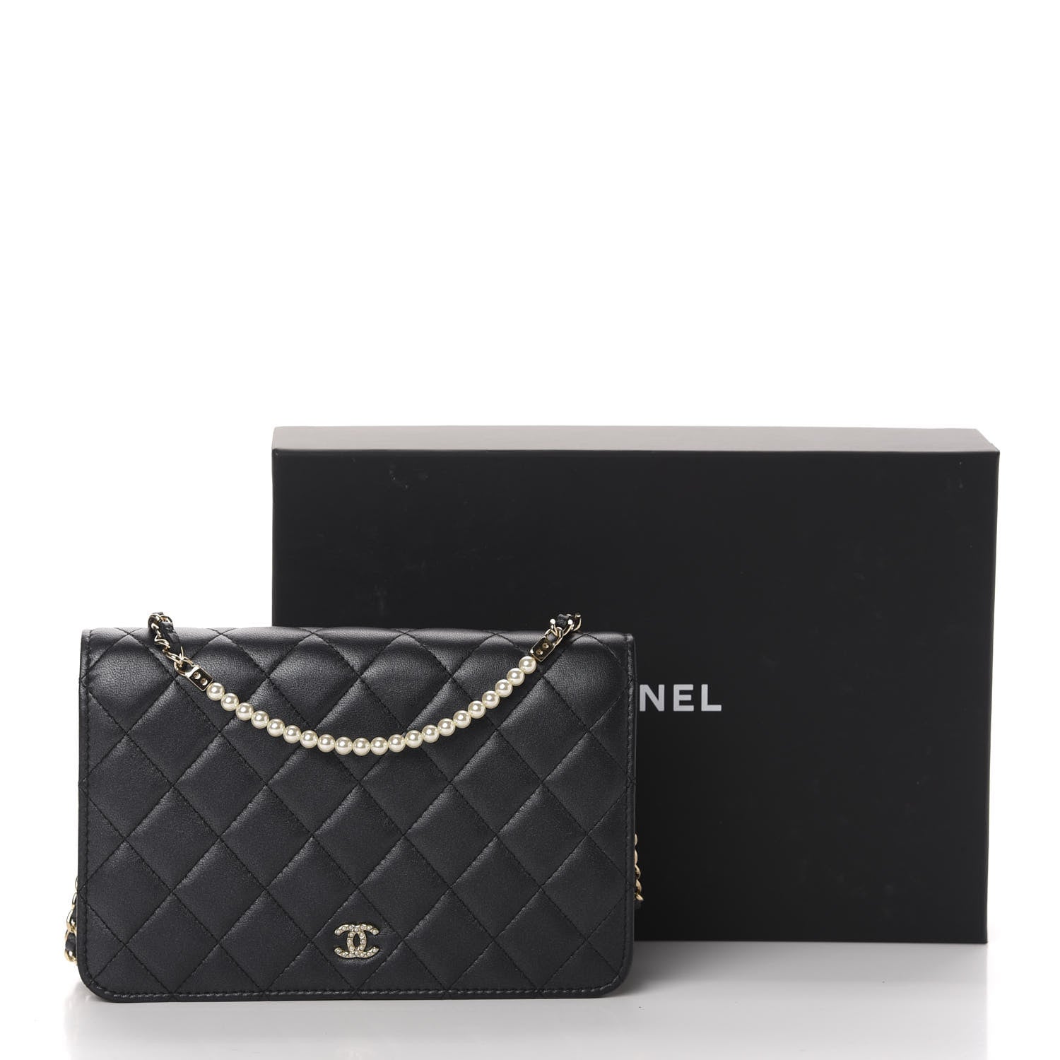 Chanel Iridescent Lambskin Quilted Pearl Wallet On Chain WOC Black 12 of 12