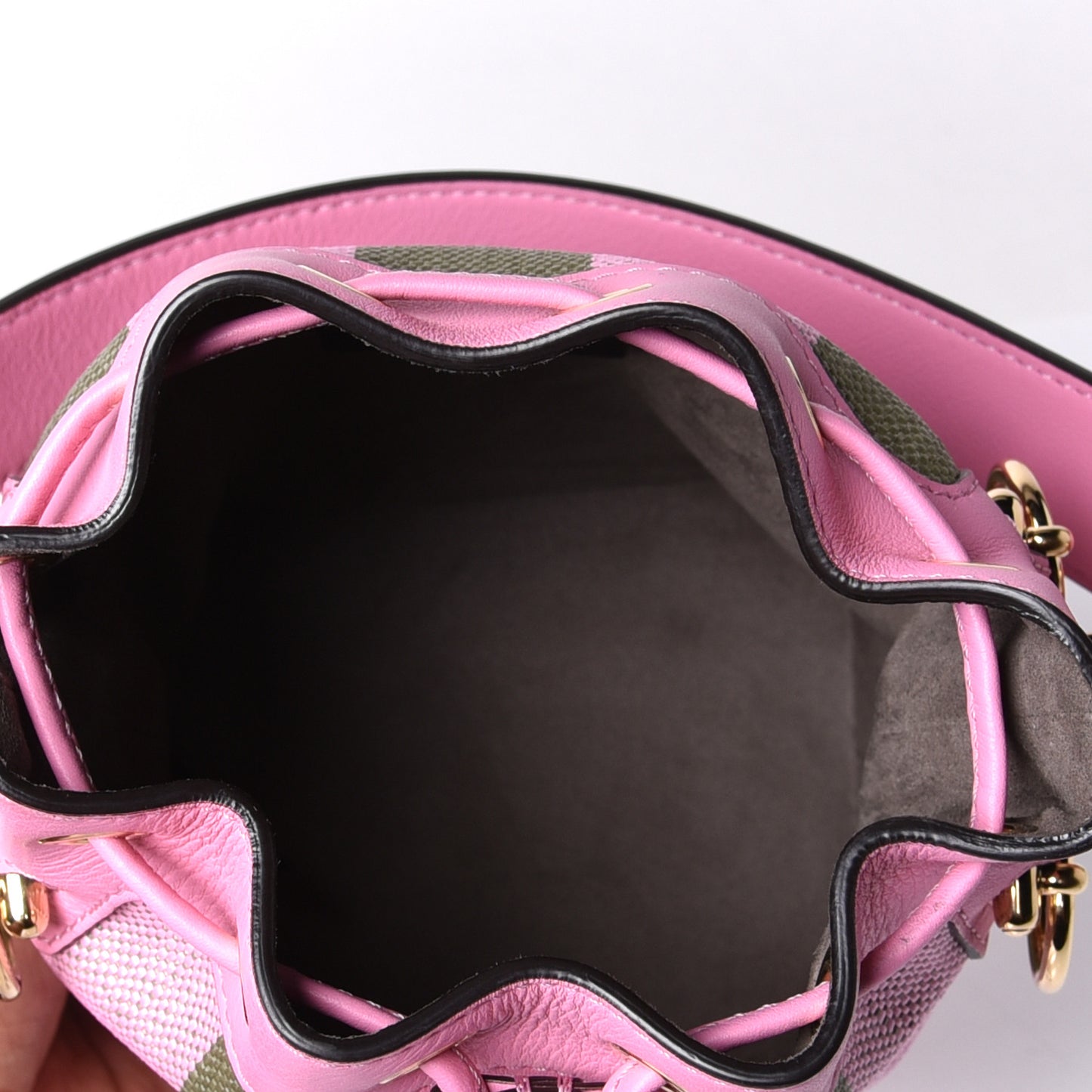 Raffia Vitello Seta F is Fendi Pequin Gingham Woven Mini Mon Tresor Bucket Bag Military Rosa Lollypop