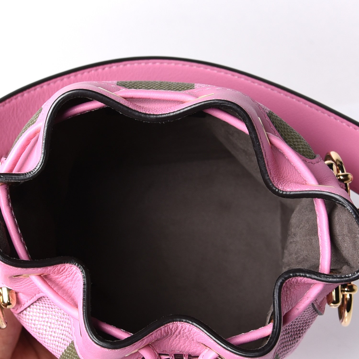 Fendi Raffia Vitello Seta F is Fendi Pequin Gingham Woven Mini Mon Tresor Bucket Bag Military Rosa Lollypop 7 of 10