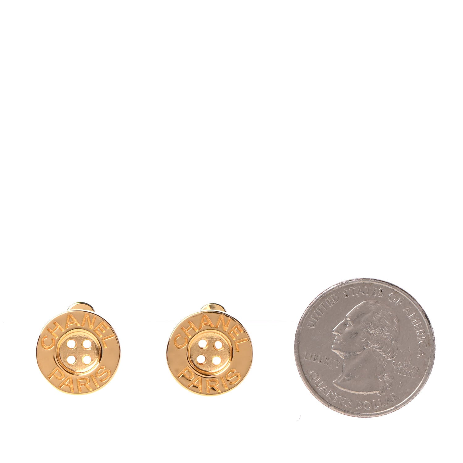 Chanel Metal Paris Button Stud Earrings Gold 2 of 5