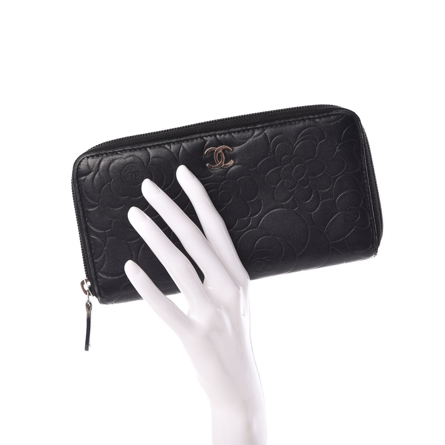 Lambskin Camellia Embossed Large Zip Around Gusset Wallet Black