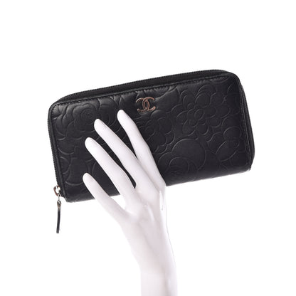Chanel Lambskin Camellia Embossed Large Zip Around Gusset Wallet Black 2 of 15