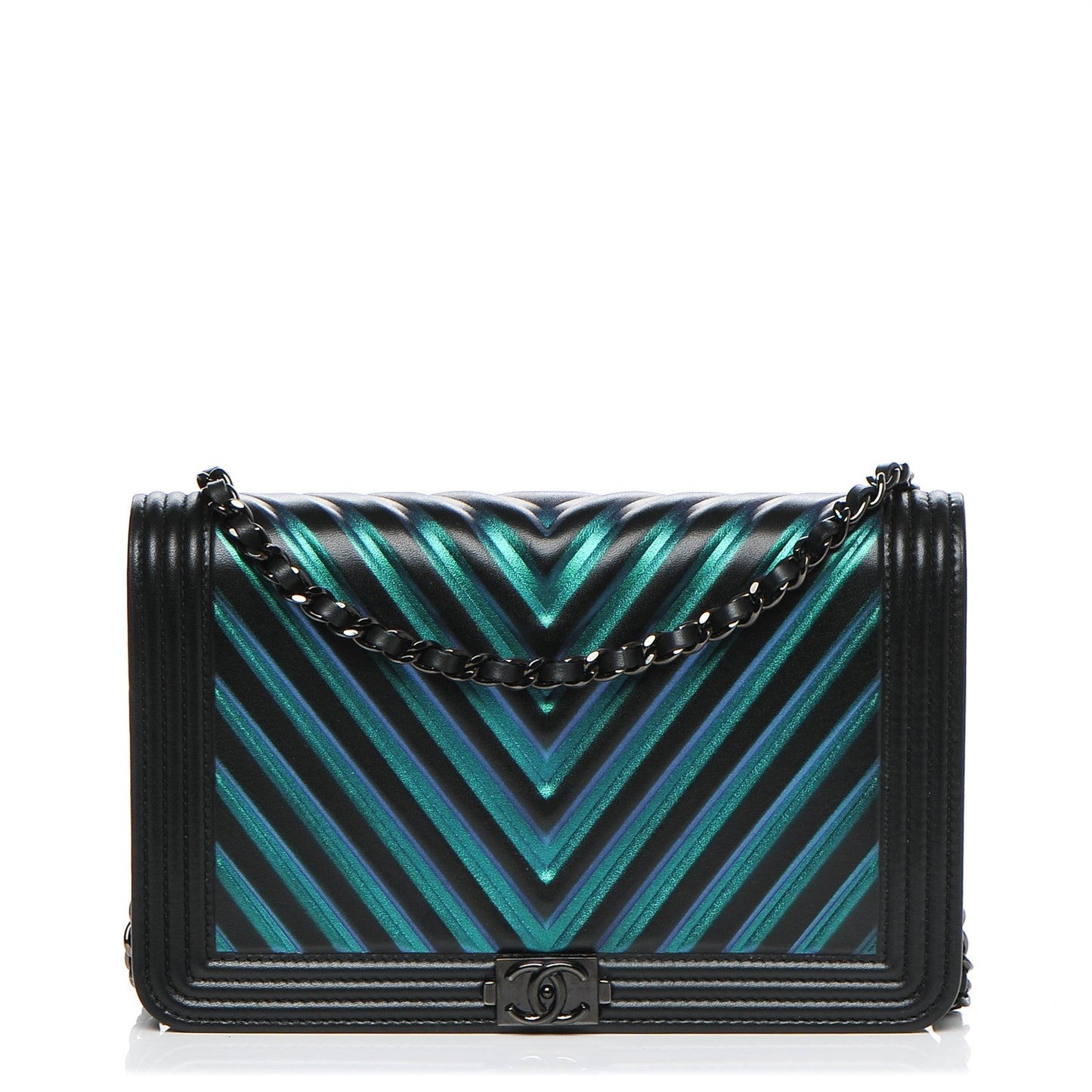 Calfskin Painted Chevron Embossed Boy Wallet On Chain WOC Black