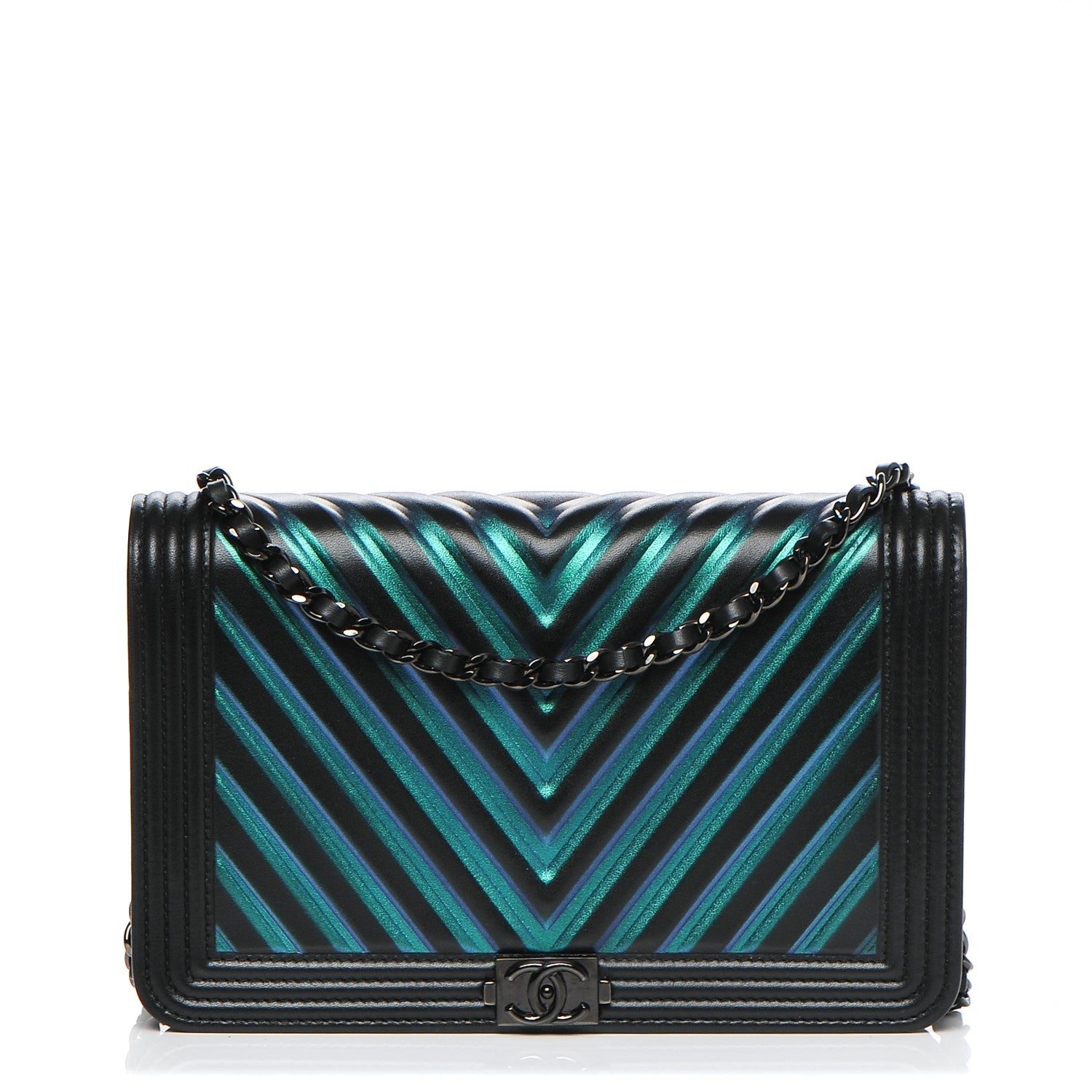 Chanel Calfskin Painted Chevron Embossed Boy Wallet On Chain WOC Black 1 of 9